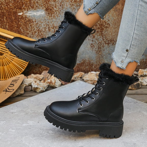 Eltusu Women Winter Snow Boots, Thermal Non-Slip Windproof PU Mid-Calf Boots Black Size 6