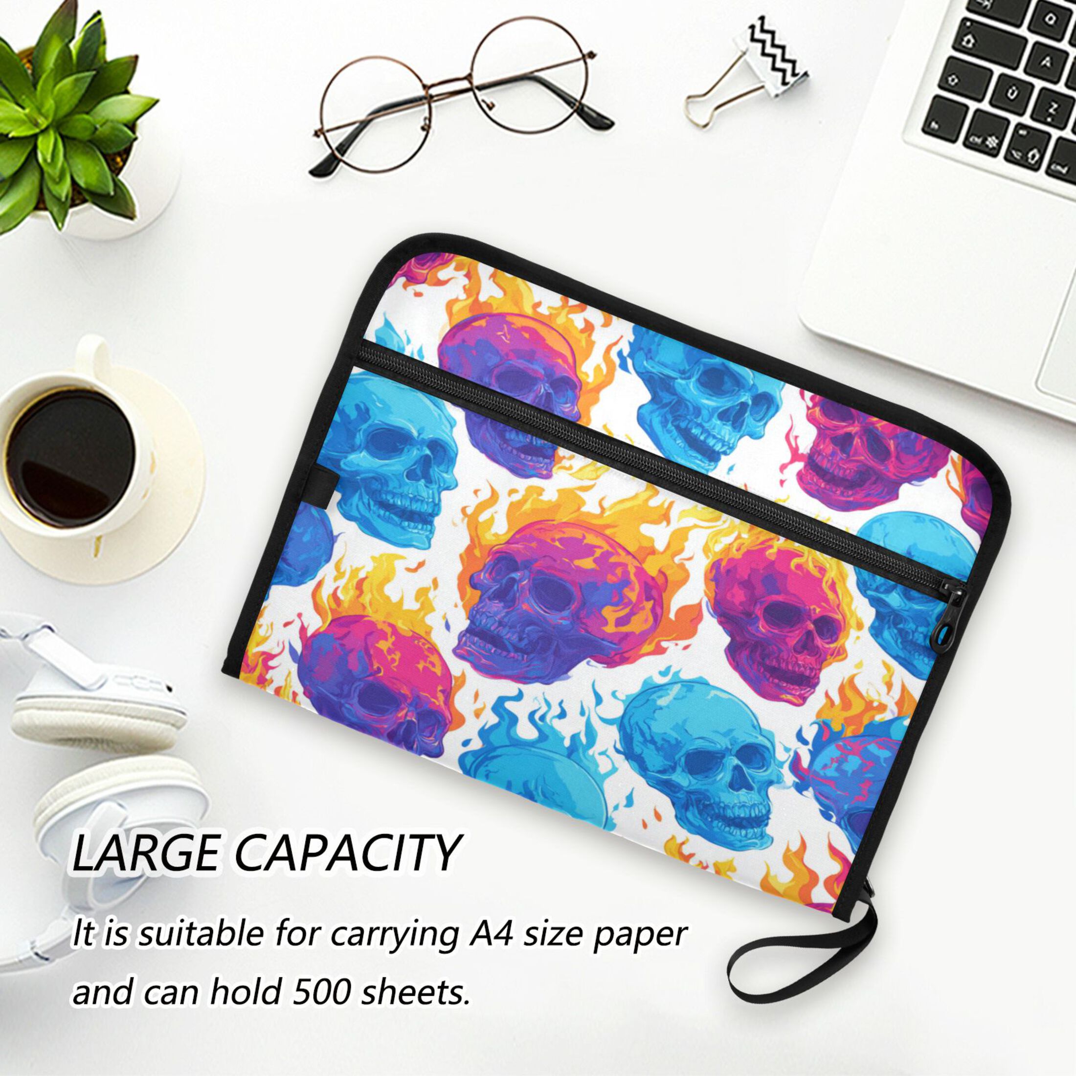 13 Individual Pockets Organ Folder Waterproof A4 Size File Folder Home Work Office Categorized Storage File Manager Colorful Skulls with Flames