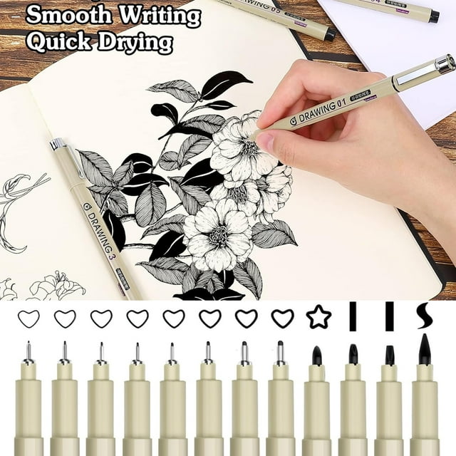 Musbetu 12Pcs Drawing Pens Micro Fineliner Art Pen Set Waterproof Pigment Ink Smooth Nylon Tip Smudge-proof Artist Pens