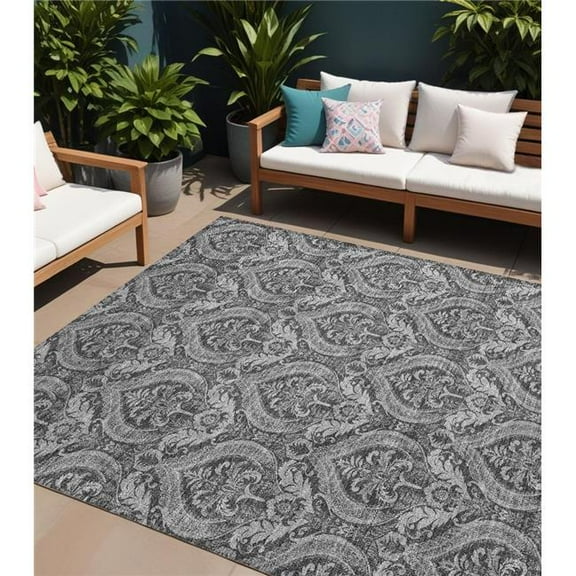 HomeRoots 563879 10 x 14 ft. Gray Damask Washable Non Skid Indoor Outdoor Rectangle Machine Woven Area Rug