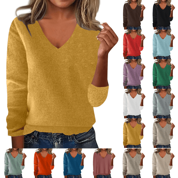 Sweaters for Women V Neck Long Sleeve Cozy Soft Pullover Tops Loose Casual Knitted Warm Sweater