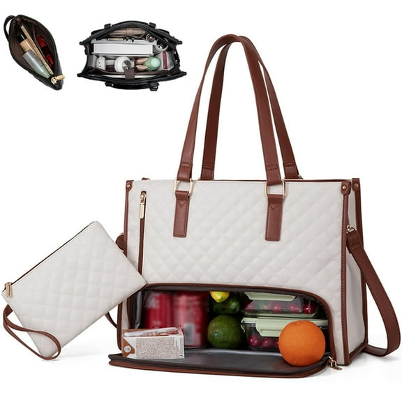 Generic 2 in 1 Tote Bag Lunch Bag Combo, 15.6 Inch Laptop & Insulated Lunch Compartment for Women