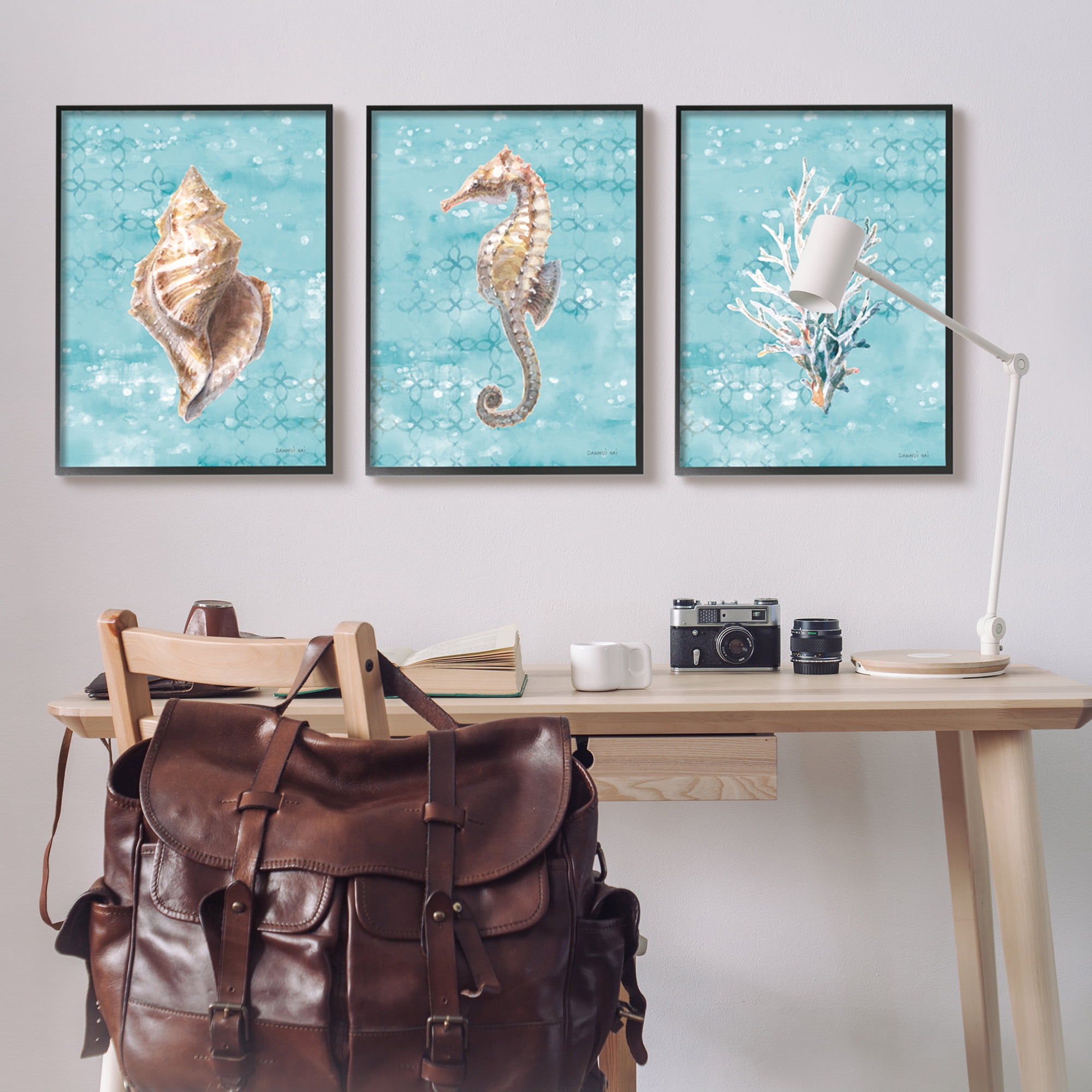 Stupell Industries Turquoise Sea Life Animals & Insects Painting Black Framed Art Print Wall Art, 24 x 30, Set of 3