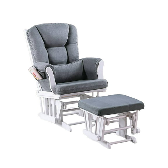 Noni Glider Manual Recliner Chair w Square Ottoman, White Wood, Gray