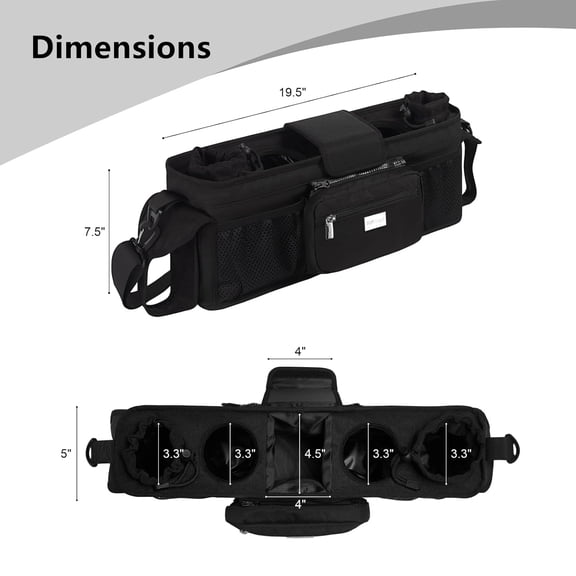 Universal Baby Stroller Organizer with Detachable Mesh Bag & Insulated Cup Holders, Fits Most Strollers (Black)