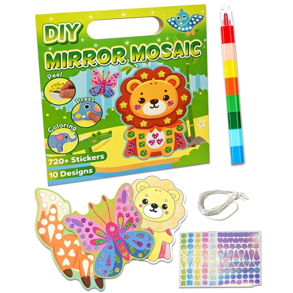 10 Set Mirror Mosaic DIY Craft Kit for Kids Animals Art with 720 Stickers for Boy 3-5 Year Old Mess-Free Activity Travel Gifts for Girls