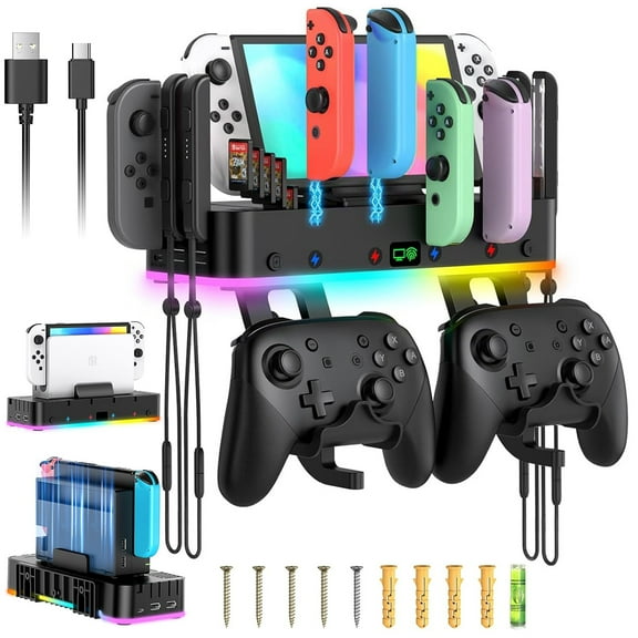 RGB Switch Wall Mount with Joy-Con Charger, Switch Holder for Nintendo Switch / OLED with Switch Organizer, Switch Accessories with 15 Light Mode, 4 Controller Charger, 2 USB Port, 10 Card Slot Black