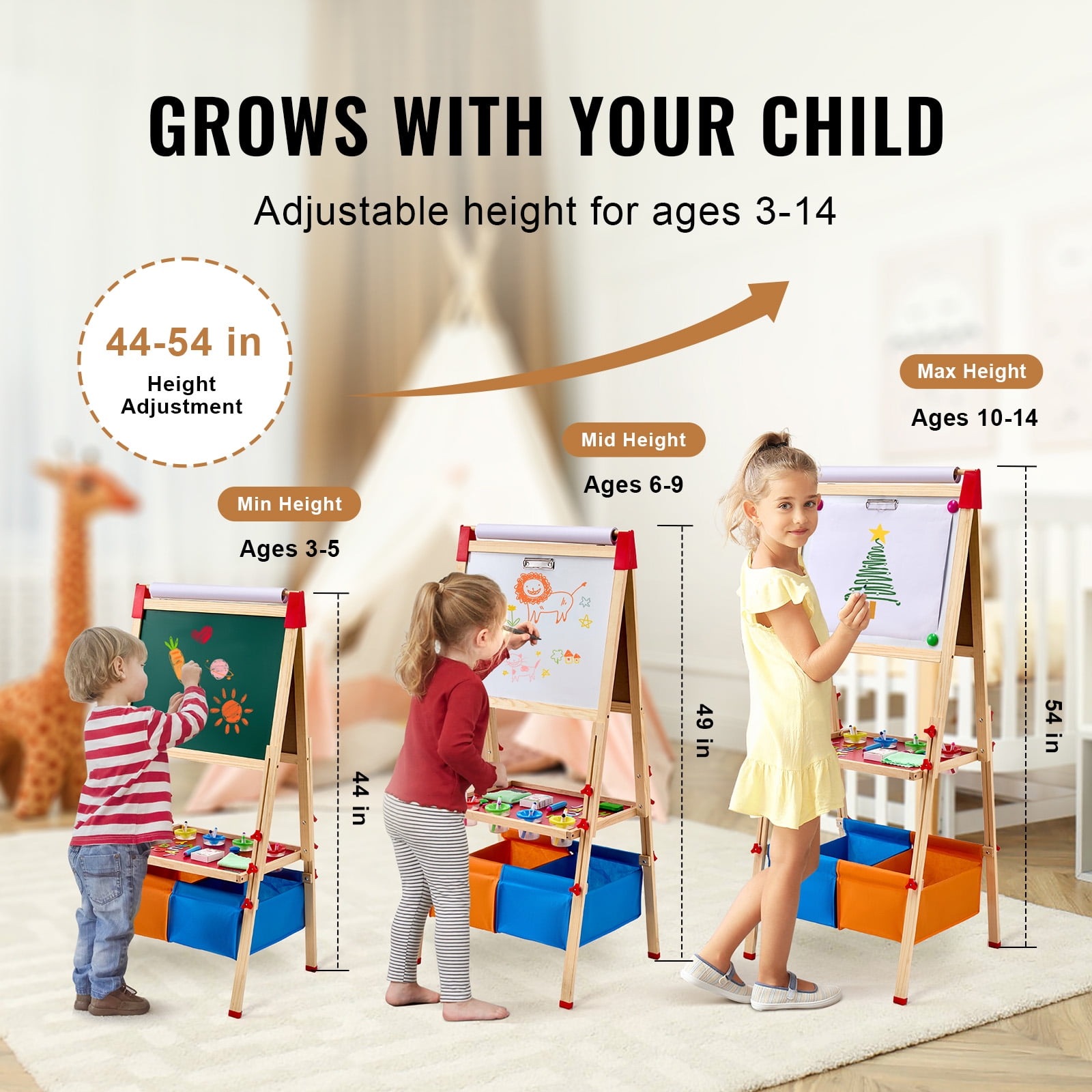 VEVOR Art Easel for Kids,3-in-1 Wooden Double-Sided Kides Art Easel with Magnetic Whiteboard, Chalkboard, Paper Roll, Adjustable Standing Drawing Board with Painting Accessories, Storage for Boy Girl