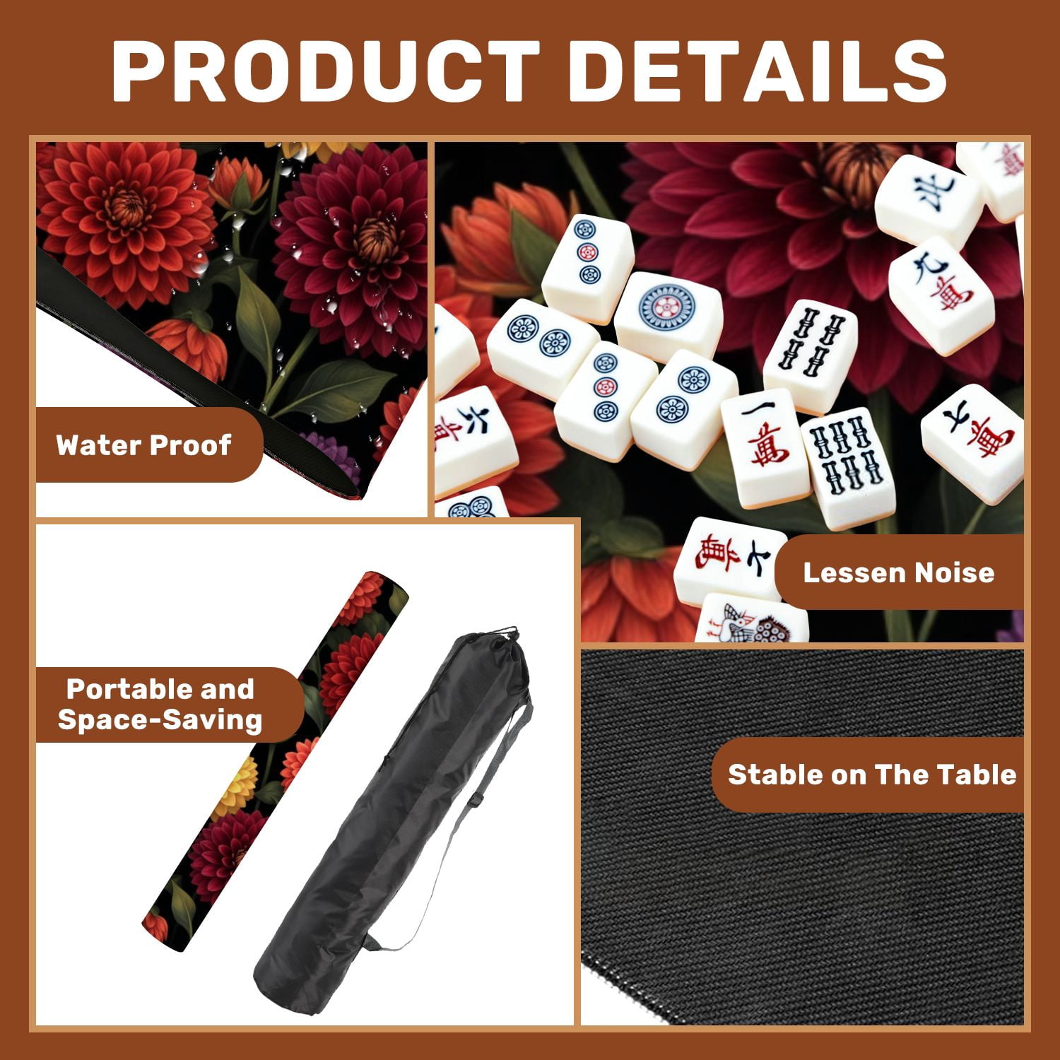 Mahjong Mat 31.5" x 31.5" Seamless autumn flowers changeable Vintage painting style Non-Slip Noise Reduction American Mahjong Tiles Table Cover for Dominoes Poker Card Board Games Gift