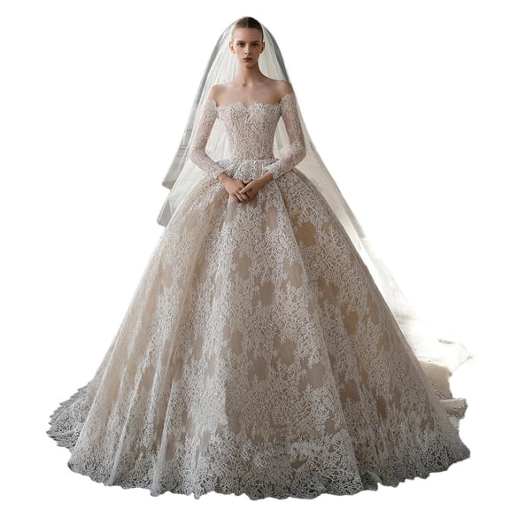French haute couture bridal gown, off-shoulder, heavy-duty vintage lace, forest-style, long-sleeved, with a small train, light wedding dress, wedding ceremony dress