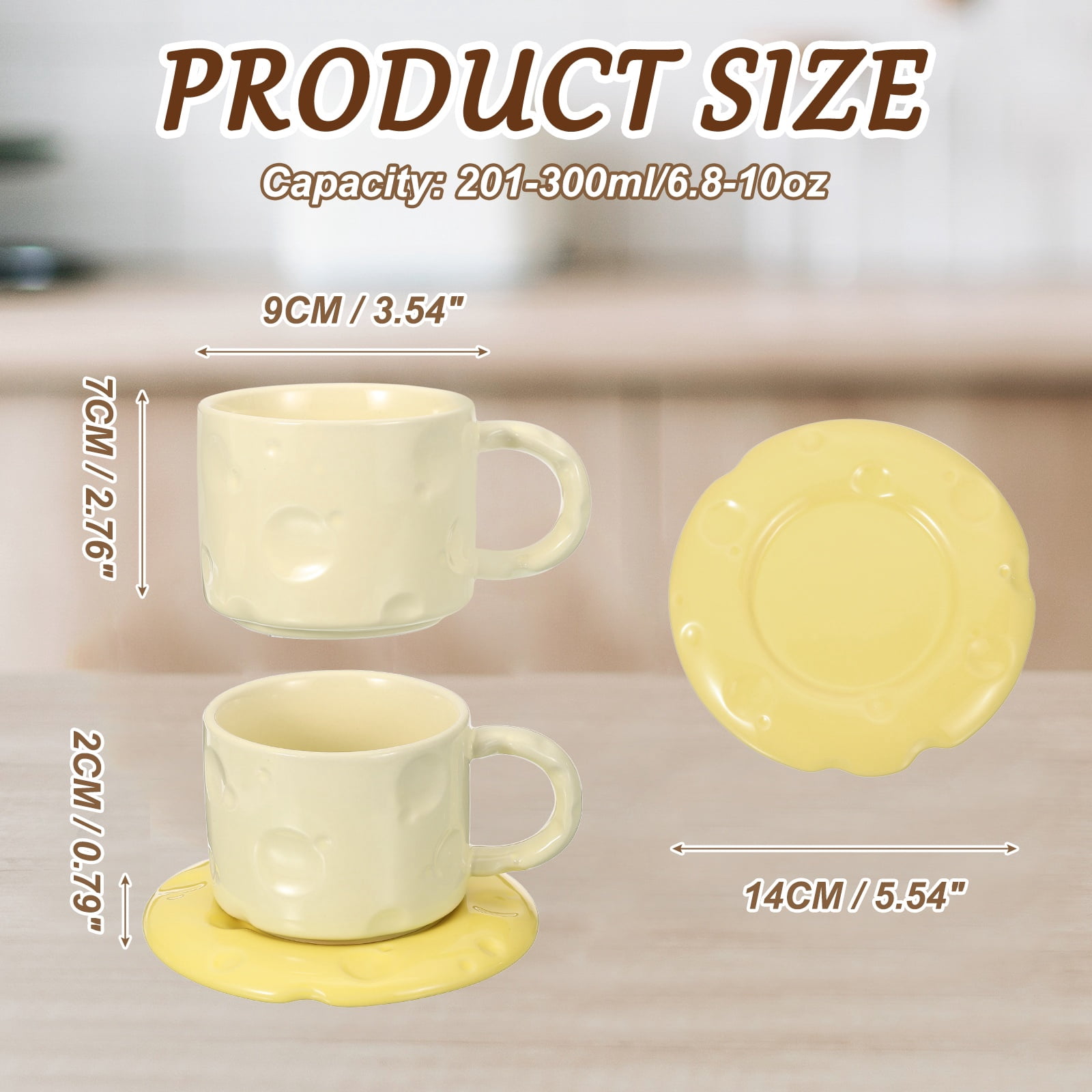 Uxcell 10oz Ceramic Coffee Mugs with Saucer Set, Creative Cute Cup with Handle Unique Irregular Design for Lovers Gift Tea Espresso Latte Kitchen Cafe, Dishwasher White Cup Yellow Saucer
