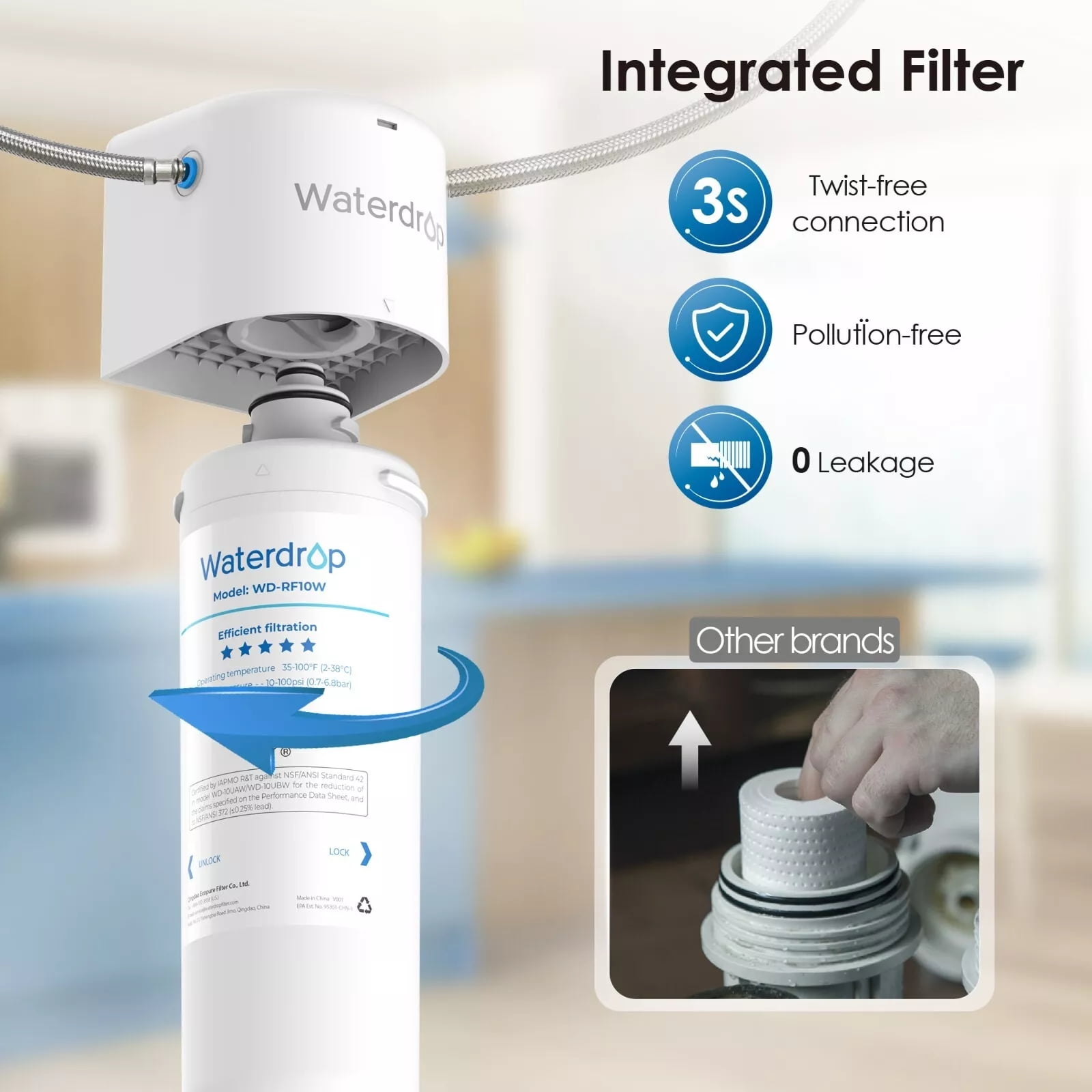 Waterdrop RF10W Replacement Filter Cartridge for 10UA/10UB Under Sink Water Filter, Reduces PFAS, PFOA/PFOS, Lead, Chlorine, Bad Taste & Odor, NSF/ANSI 42 Certified
