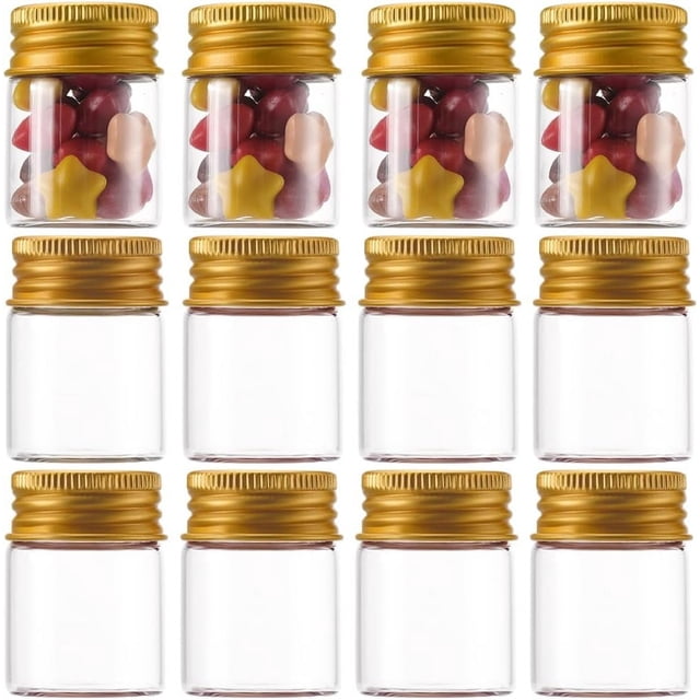 20 tubos de ensayo de vidrio transparente de 15 ml, viales de muestra, pequeñas botellas de vidrio con tapón de rosca de aluminio dorado, mini botellas de vidrio, frascos de vidrio.
