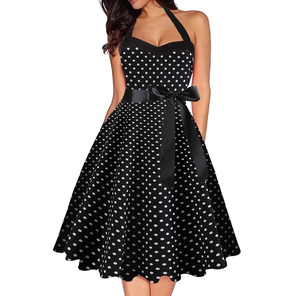 DHFJKG Dresses For Women Polka Dot Vintage 1950s Retro Swing Party Dress Halter Flowy A Line Midi Stylish Dresses