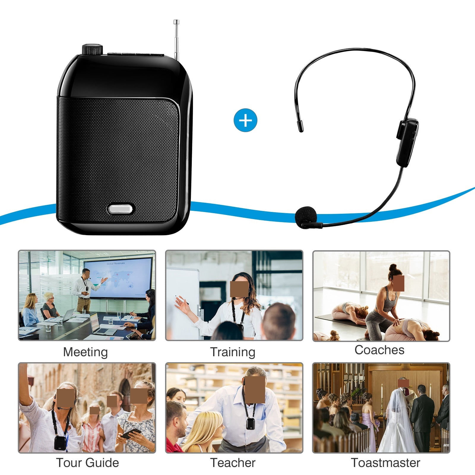 Megaphone UHF Wireless Blue-tooth Speaker 15W Cordless Voice Amplifier Loudspeaker 7.4V FM Radio ,Wide Coverage Area