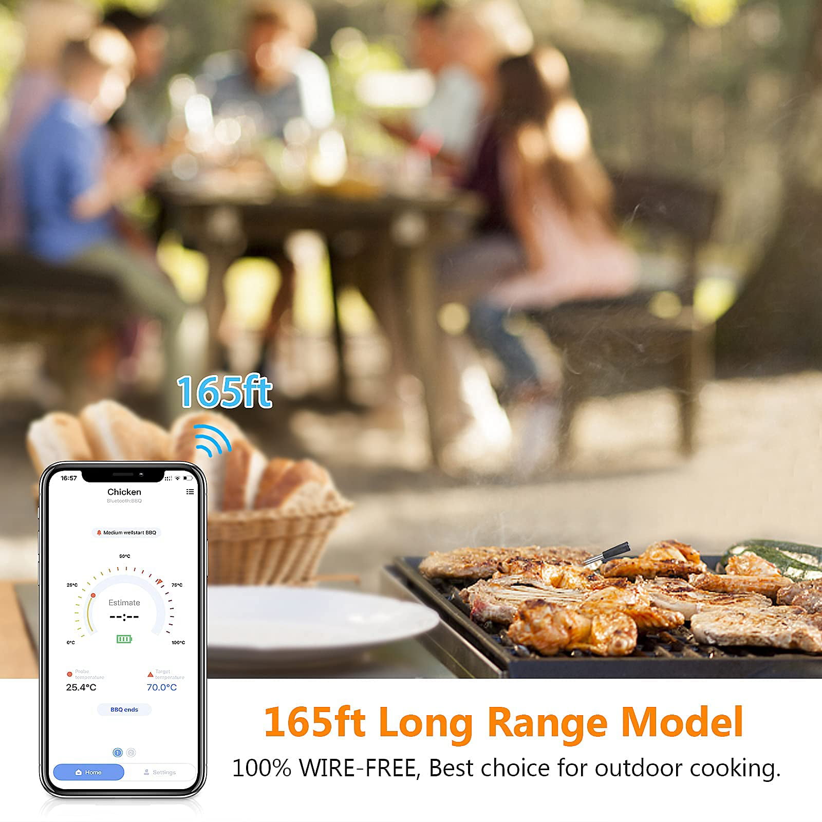 Smart Meat Thermometer with Bluetooth, 164ft Wireless Range for The Oven,  Grill, Kitchen, BBQ, Smoker, Rotisserie, 2 Probes