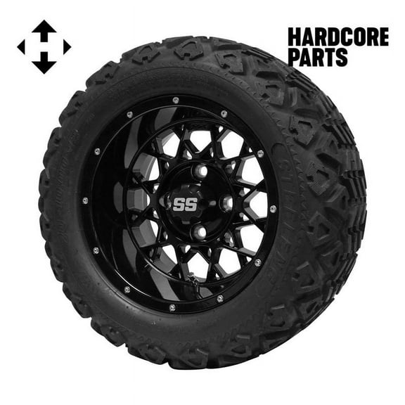 Hardcore Parts 12" Black 'Venom' Golf Cart Wheels and 20"x10"-12" DOT rated All-Terrain tires - Set of 4, includes Black 'SS' center caps and 1/2x20 Black lug nuts