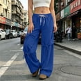 thumbnail image 2 of Asgosdo Women's Pants Drawstring High Elastic Waisted Wide Straight Leg Casual Irregular Trousers with Pockets, 2 of 5
