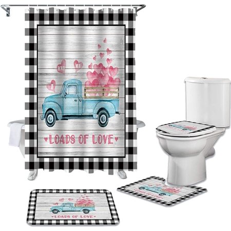 ZHANZZK Retro TruckValentines Hearts 4 Piece Bathroom Set Shower Curtain Bath Rug Contour Mat and Toilet Lid Cover
