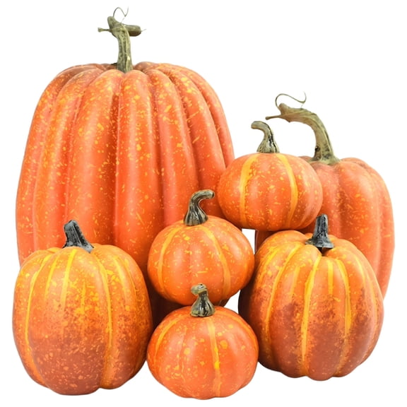 CQHVKQ 7PCS Fake Pumpkins Foam Decor Set, Fall Pumpkins Decoration from Sizes 1.9" to 7.5", Artificial Styrofoam Pumpkins for Table Centerpieces, Fall, Thanksgiving & Halloween DIY, Orange