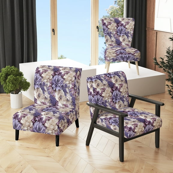 Designart "Victorian Coastal Tranquility: Classic Pattern XI" Purple Floral Upholstered Accent Chair - Cottage Arm Chair For Living Room