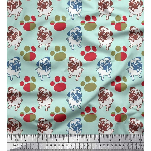 Soimoi Cotton Cambric Fabric Paw & Pug Dog Print Fabric by The Yard 56 Inch Wide