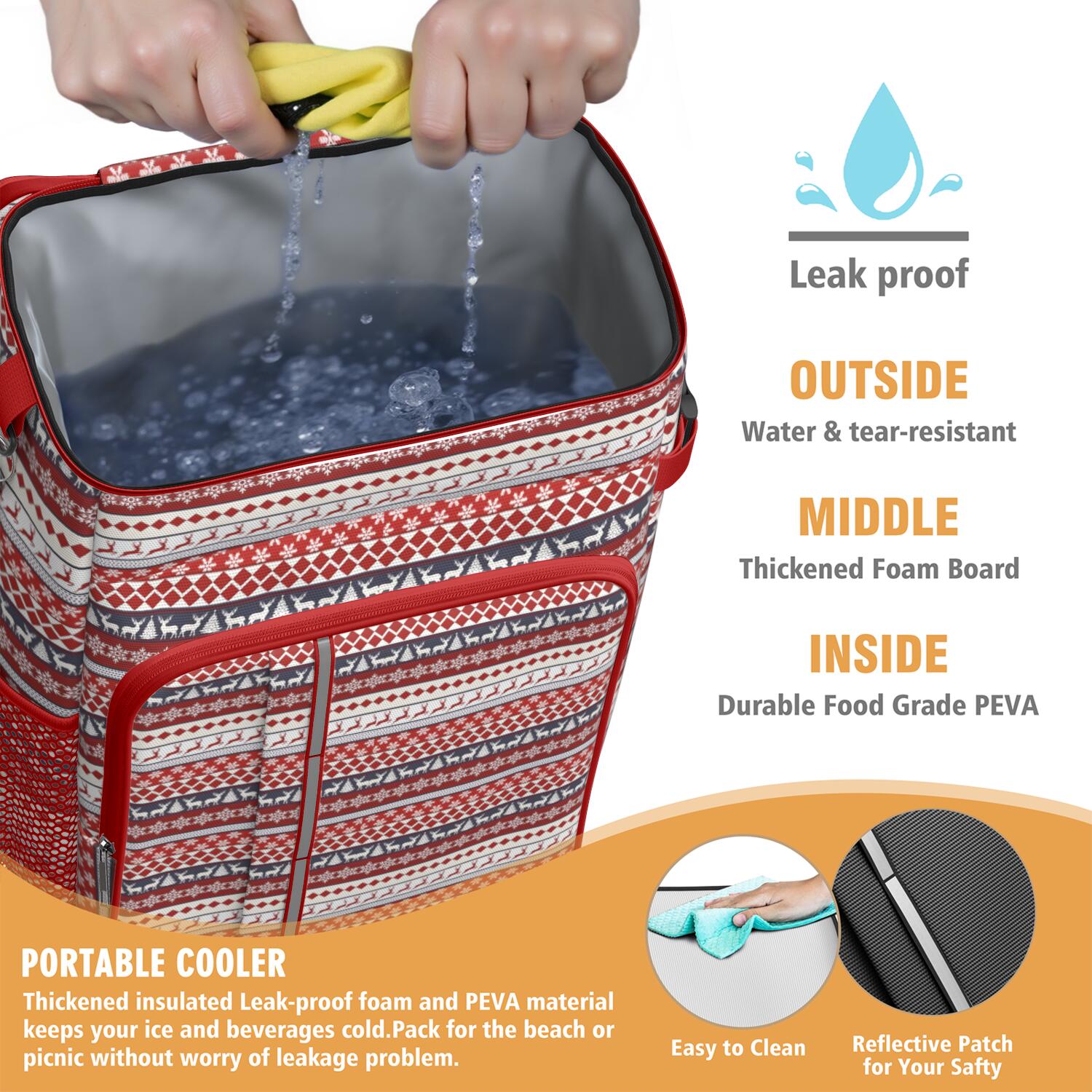 Travel Cooler Bag - Red Christmas Deer and Tree Pattern Camping Beer Cooler Backpack with Bottle Opener- Waterproof Insulated Picnic Backpacks - Cooler Bag for Beach