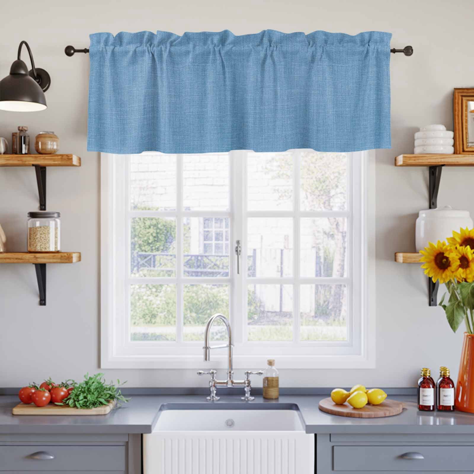 2 Panels Blue Valance for Windows, Farmhouse Burlap Solid Blue Color Modern Linen Texture Light Filtering Kitchen Curtains, Rod Pocket Window Treatment Curtain Valances for Living Room, 42"x12"