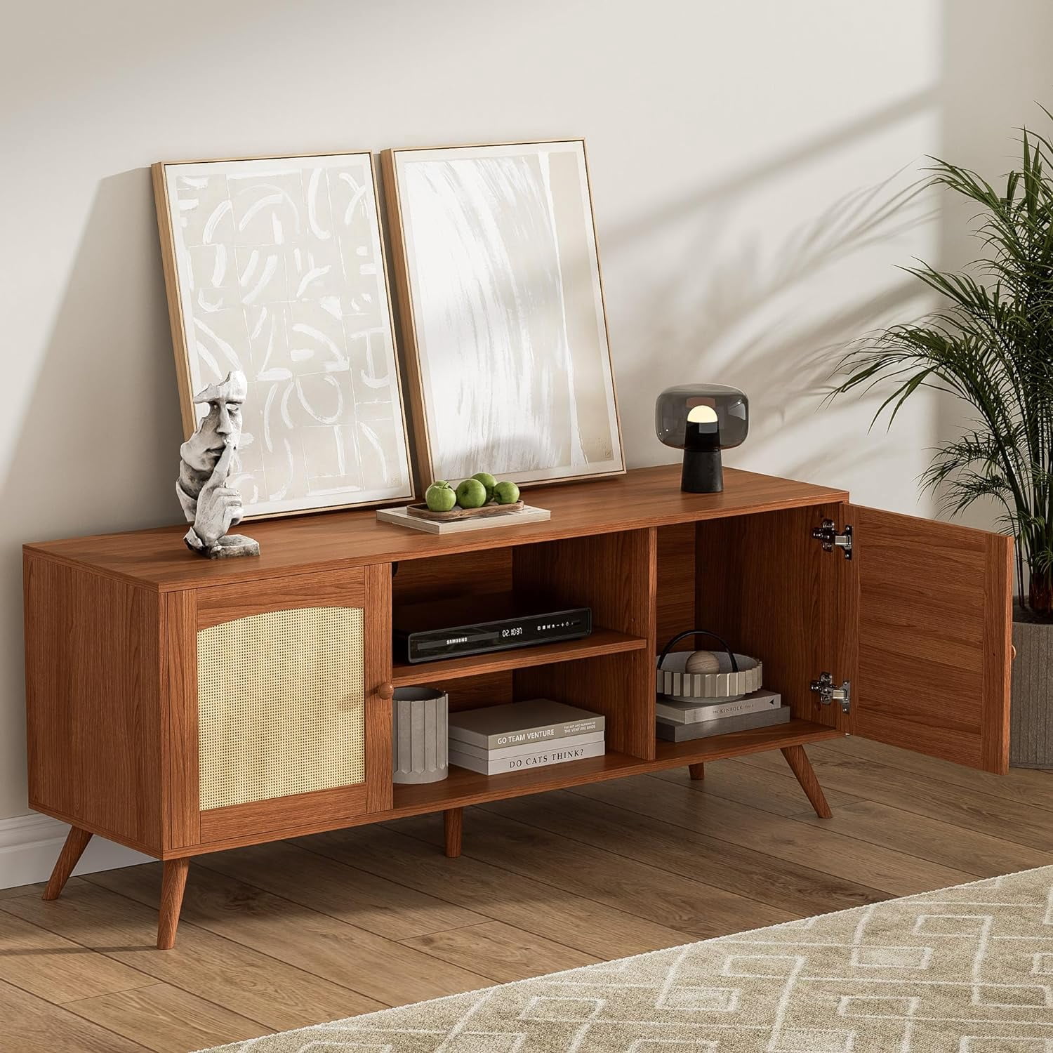 DIYART Brown Rattan TV Stand for 60 Inch TV, Wooden Mid Century Modern Entertainment Center with Natural Rattan Door, Boho Media TV Console for Living Room