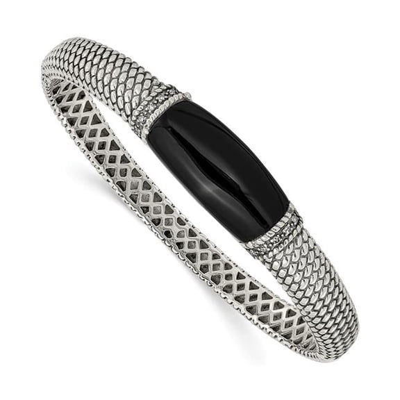 Shey Couture  Sterling Silver Antiqued Black Onyx and Diamond Hinged Bangle Bracelet