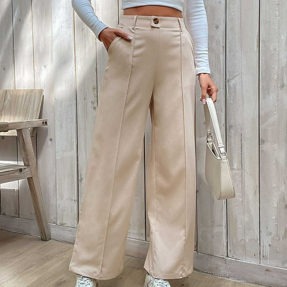 Antqov Dressy Pants for Women, Buttons Solid Color Straight Wide Leg Pants, Minimalist Comfortable Work Pants