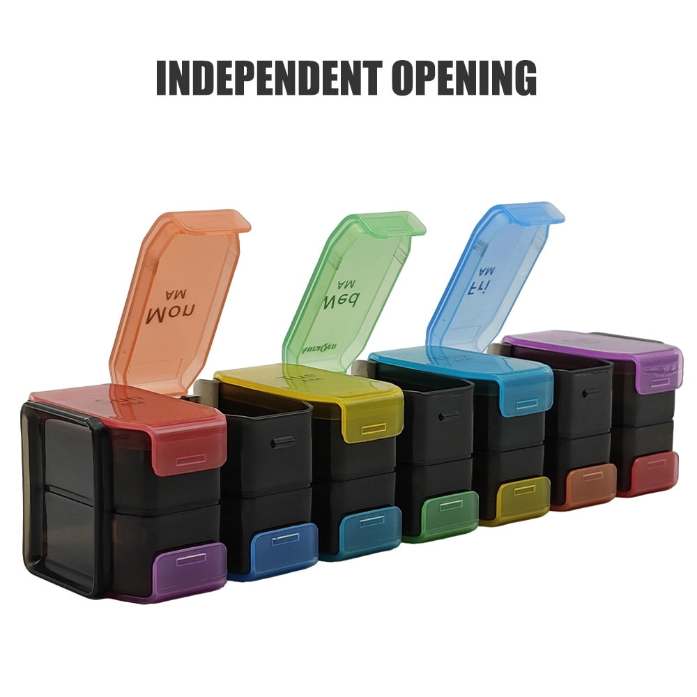 AuraQen 7-Day Weekly Pill Organizer - Food Grade PC Medication Box with 14 Color-Coded Compartments (40x60 Inches) - Independent Lids for AM/PM Dosing