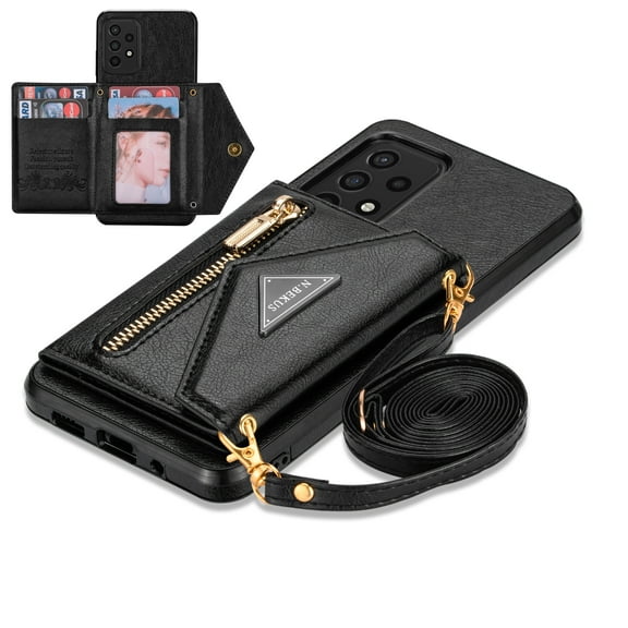 Crossbody Wallet Phone Case for Samsung Galaxy A53 5G, ELEHOLD Zipper Pocket Flip Card Holder Stand Cover with Shoulder Strap for Samsung A53 5G, Black