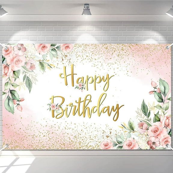 Mocsicka Pink Floral Birthday Backdrop Rose Gold Happy Birthday Banner Decorations for Women Girls