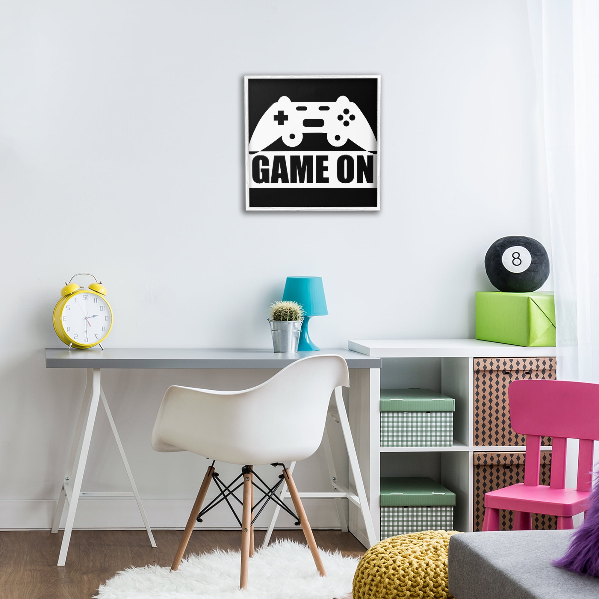 Game On Retro Black & White White Framed Giclee Art, design by Kim Allen