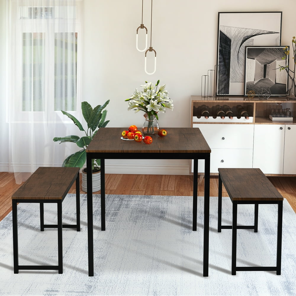 Home 3-Piece Dining Table Set Kitchen Table with Two Benches ...