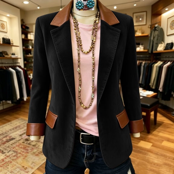Women's Solid Color Corduroy Lapel Blazer Single Button Long Sleeve Outerwear Dual Flap Side Pockets Vertical Ribbed Texture Multi Neutral Shades for Street Outfits Casual Shopping Trips Black a M
