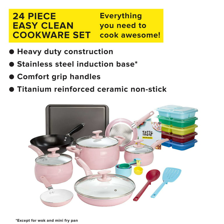 Tasty 24 Piece Titanium Ceramic Non-Stick Cookware Set, Dishwasher Safe,  Pink 