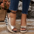 thumbnail image 2 of Rokment Women's Metallic Checkered Wedge Heeled Dressy Sandals Vintage Fashion Casual Leather Platform Chunky High Heels Slingback Summer Dress Shoes for Ladies Banquet Gold Size 6.5, 2 of 5