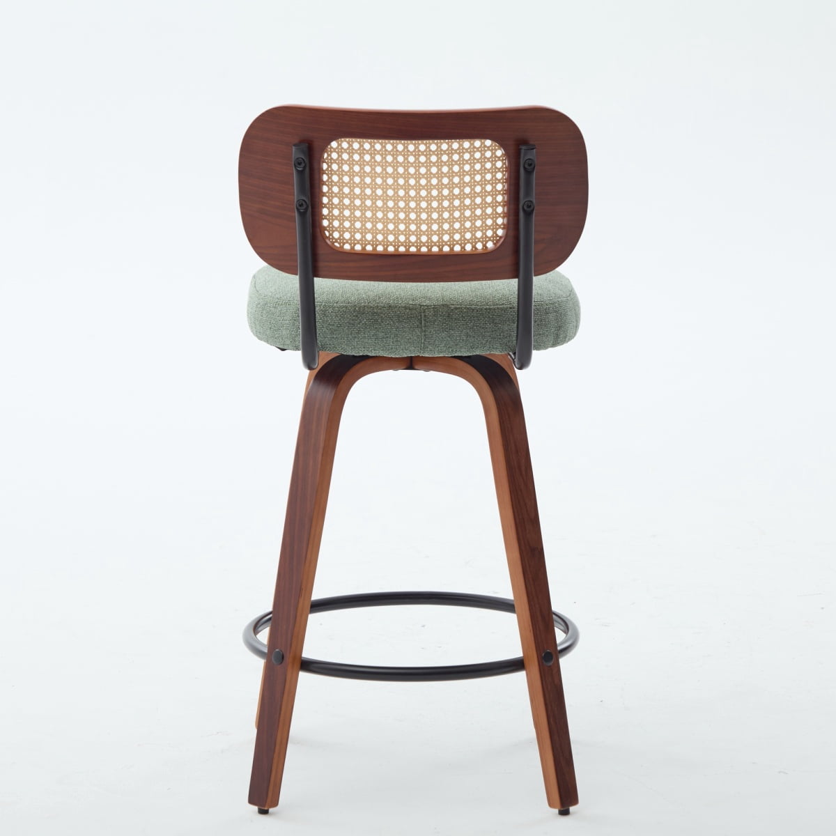 26 Inch Counter Height Swivel Bar Stools, Set of 3 Upholstered Faux Leather Bar Chairs with Walnut Back, Bentwood Legs, Mid Century Modern Island Stools for Kitchen Counter