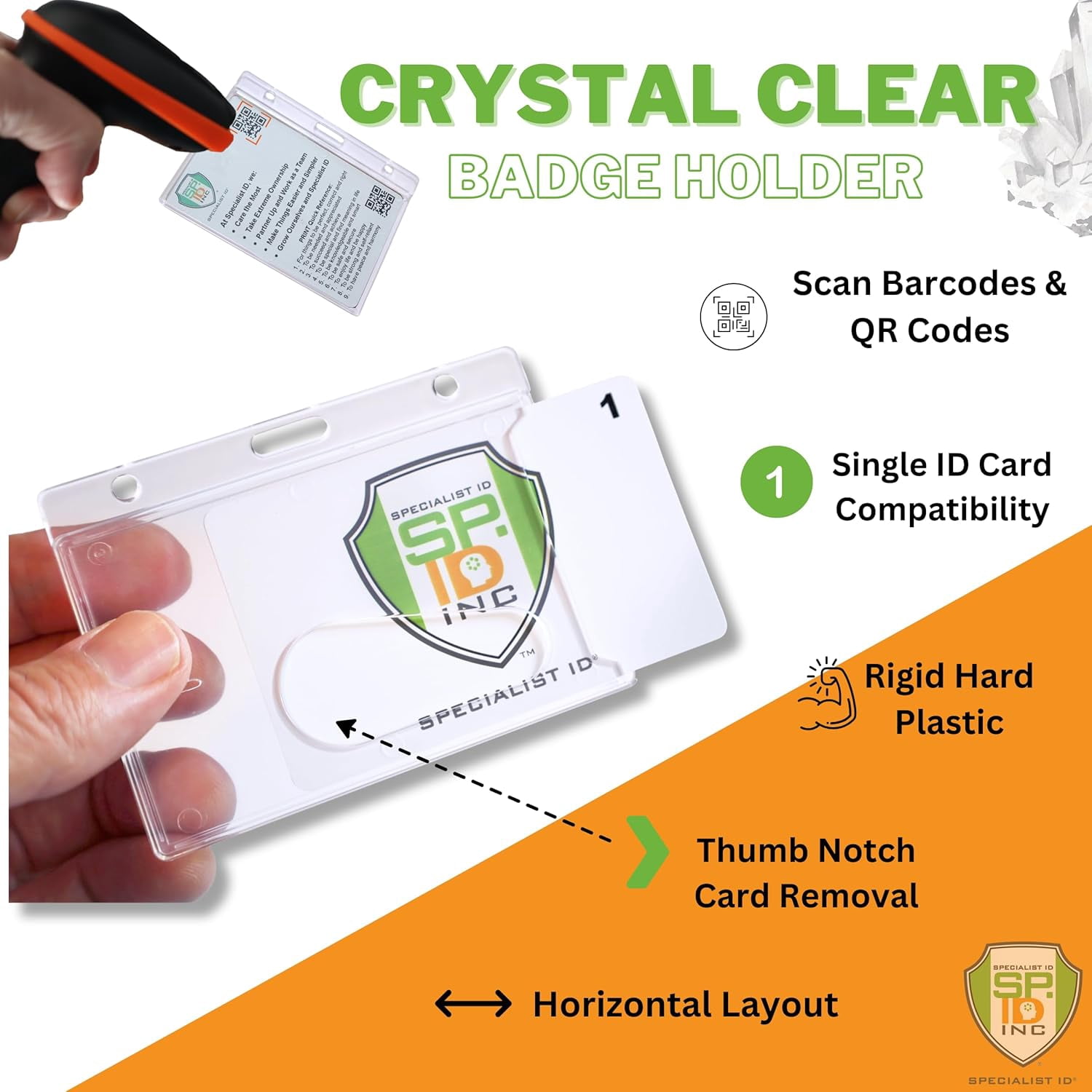 Bulk 50 Pack - Crystal Clear Heavy Duty Badge Holder Horizontal - Hard Plastic ID Badge Holder - Rigid Durable Single Card ID Case for 1 Single Landscape I'D Fits Your Lanyard by Specialist ID