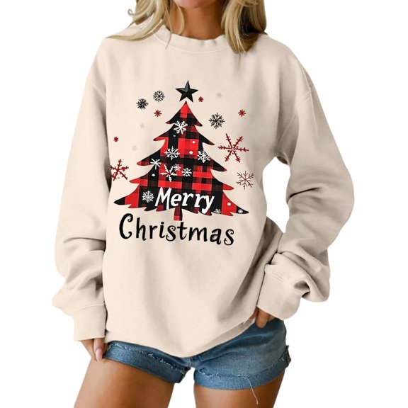 NMMUED Christmas Sweatshirts for Women Funny Sweatshirts for Women Christmas Vacation Sweatshirt Womens Fall Sweatshirts Christmas Womens Tops Graphic Sweatshirts for Women Beige L