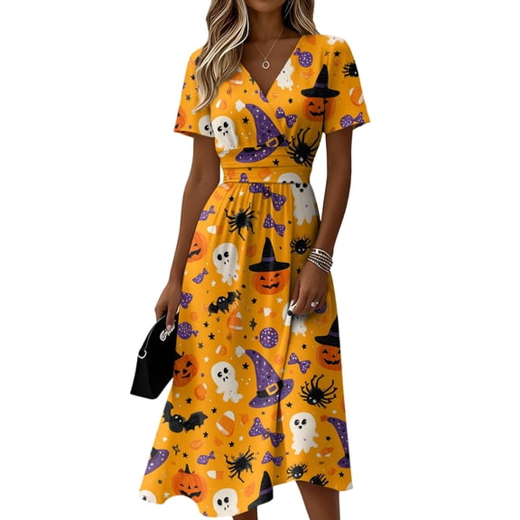Women's Halloween Cosplay Dress Short Sleeve V-Neck Halloween Print Casual Fashion Dress for Cosplay Events, Halloween Parties Yellow B L
