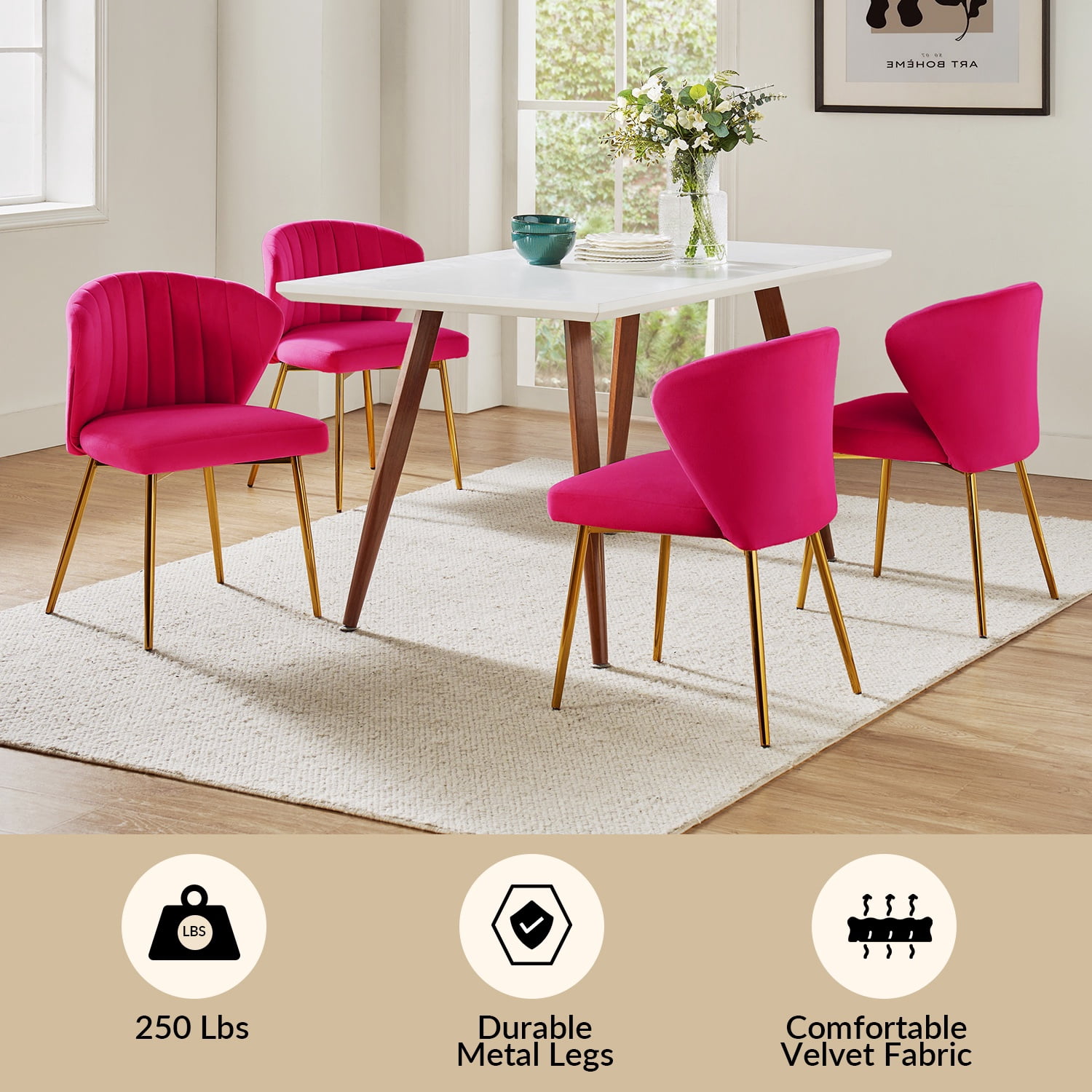 Tina's Home Velvet Dining Chairs Set of 2 Upholstered Wingback Side Chairs Living Room Kitchen Fushia
