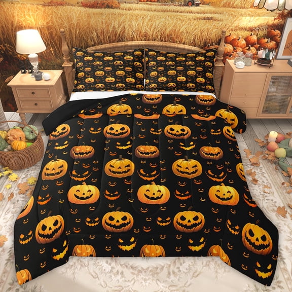 Feelyou Halloween Pumpkin Teens Twin Comforter Sets, Black Orange Bedding Set, 2-Piece