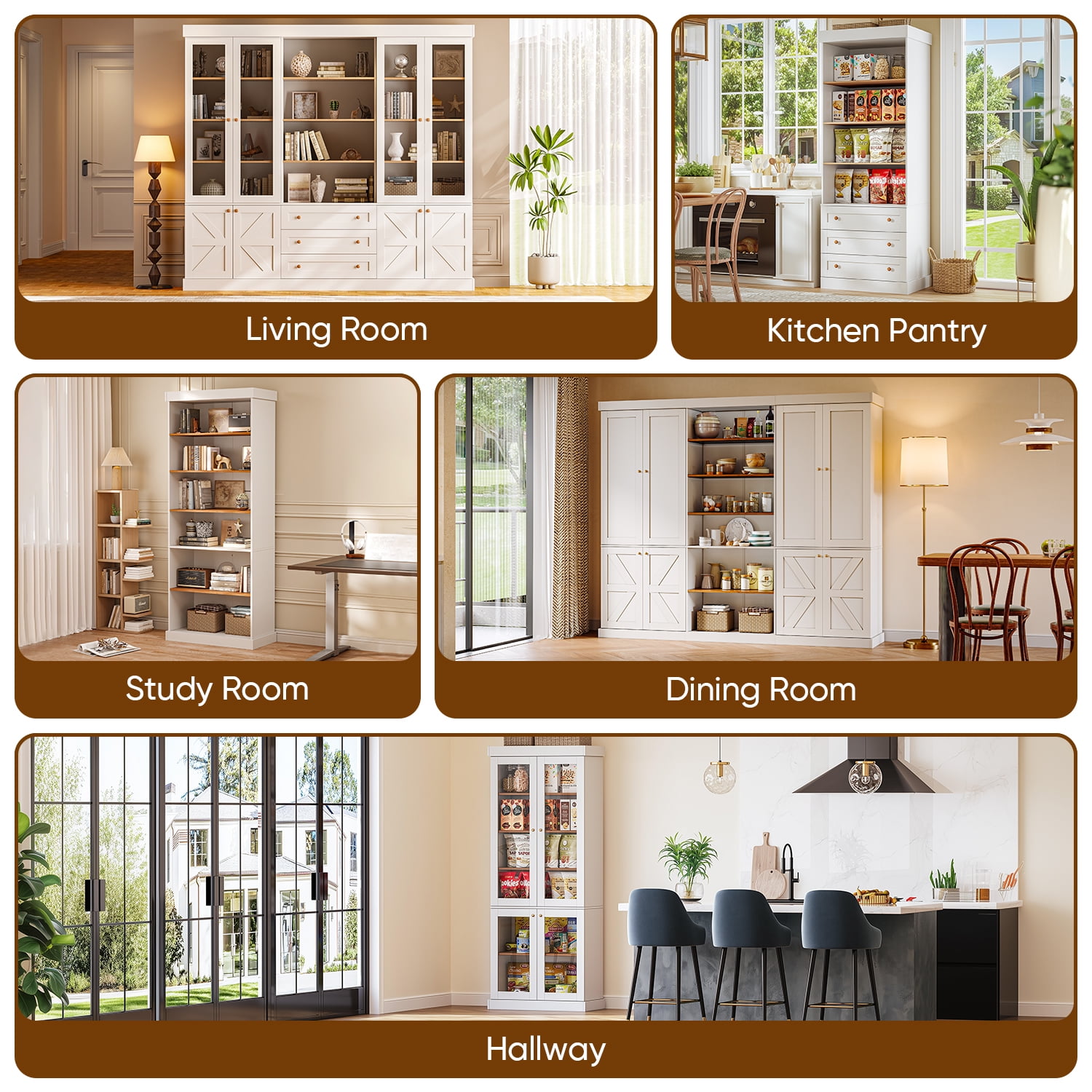 ivaniti Kitchen Pantry 6-Layer Storage Cupboard with Adjustable Shelves,71”Wooden Cabinet for Dining Room,White
