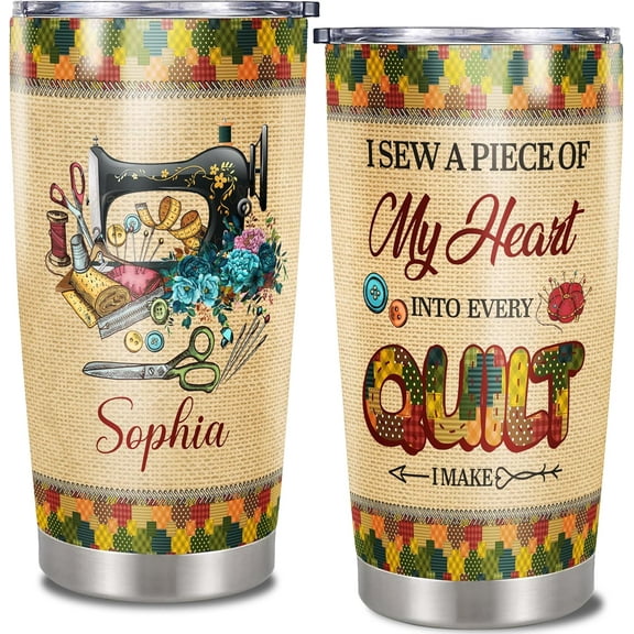 Personalized Tumbler Quilting Supplies Customize Name Sewing Mechanic Insulated Cup 20oz Stainless Steel Double Wall Vacuum Quilters Gifts for Sewers and Quilters Seamstress Women
