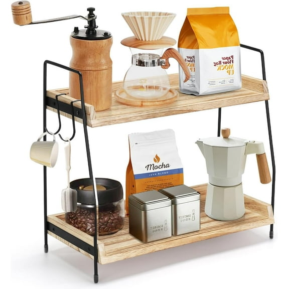 2-Tier Coffee Station Organizer for Countertop, Wooden Coffee Bar Organizer with 2 Cup Hooks, Countertop Storage for Bathroom, Kitchen, Holiday Decorations