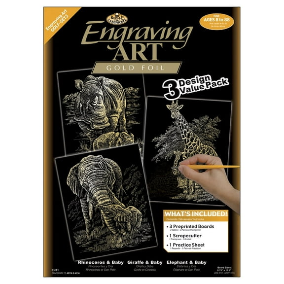 Royal & Langnickel(R) Foil Engraving Value Pack 8.75"X11.5"-Gold - Rhinoceros, Giraffe & Elephant