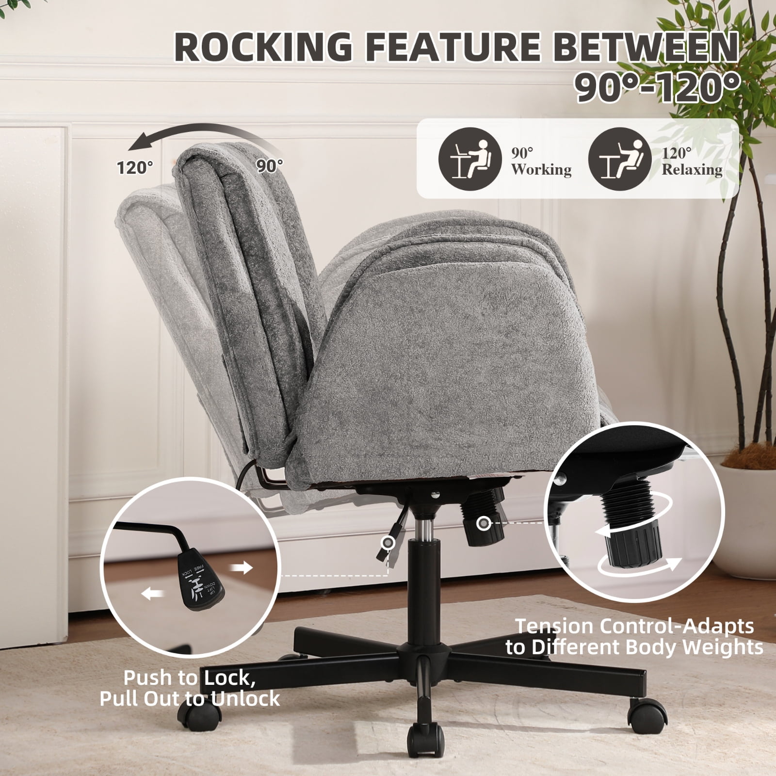 Cross Legged Office Chair with Wheels & Dynamic Airbag Lumbar Support, Criss Cross Wide Seat, 5-Position Fold-Down Armrests, Swivel Vanity Chair for Home Office, Gray